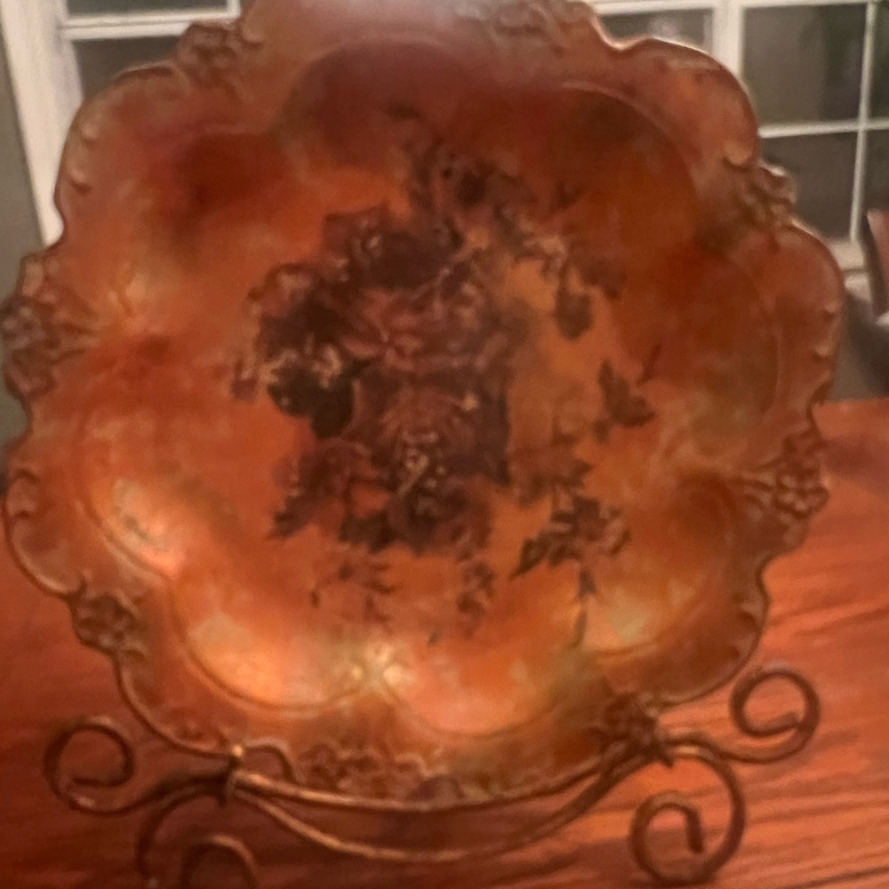 Vintage Decorative Coper Plate with Floral Design and stand
